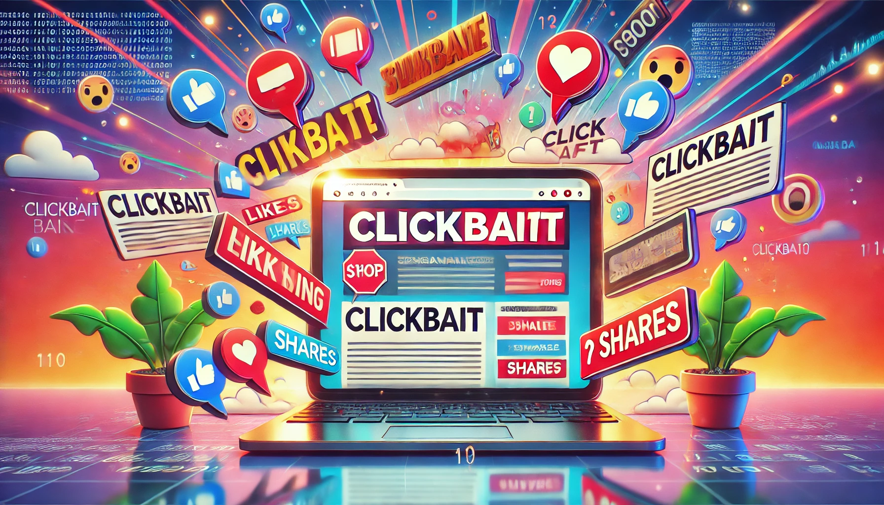 Illustration av en laptopskärm med överdrivna rubriker, omgiven av sociala medieikoner och symboler för internettrafik, som representerar konceptet clickbait